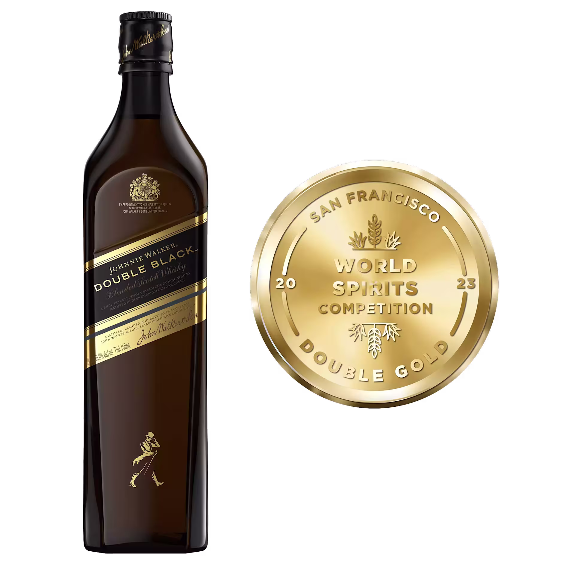 A bottle of Johnnie Walker Double Black whisky next to a 2023 San Francisco World Spirits Competition Double Gold medal.