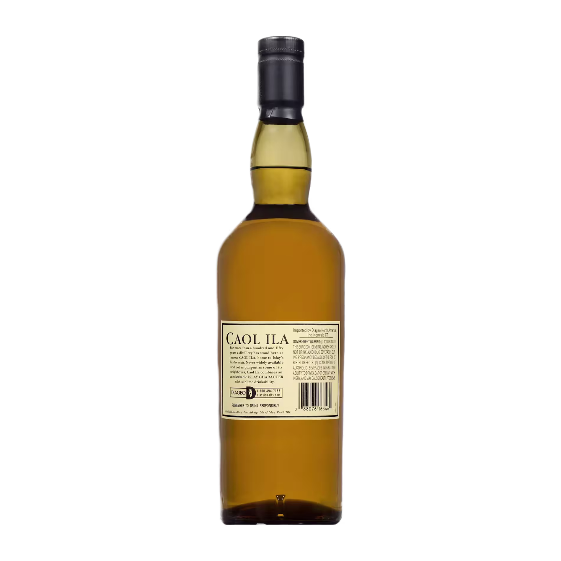 A bottle of Caol Ila single malt Scotch whisky shown from the back, displaying the label with product information and a barcode.