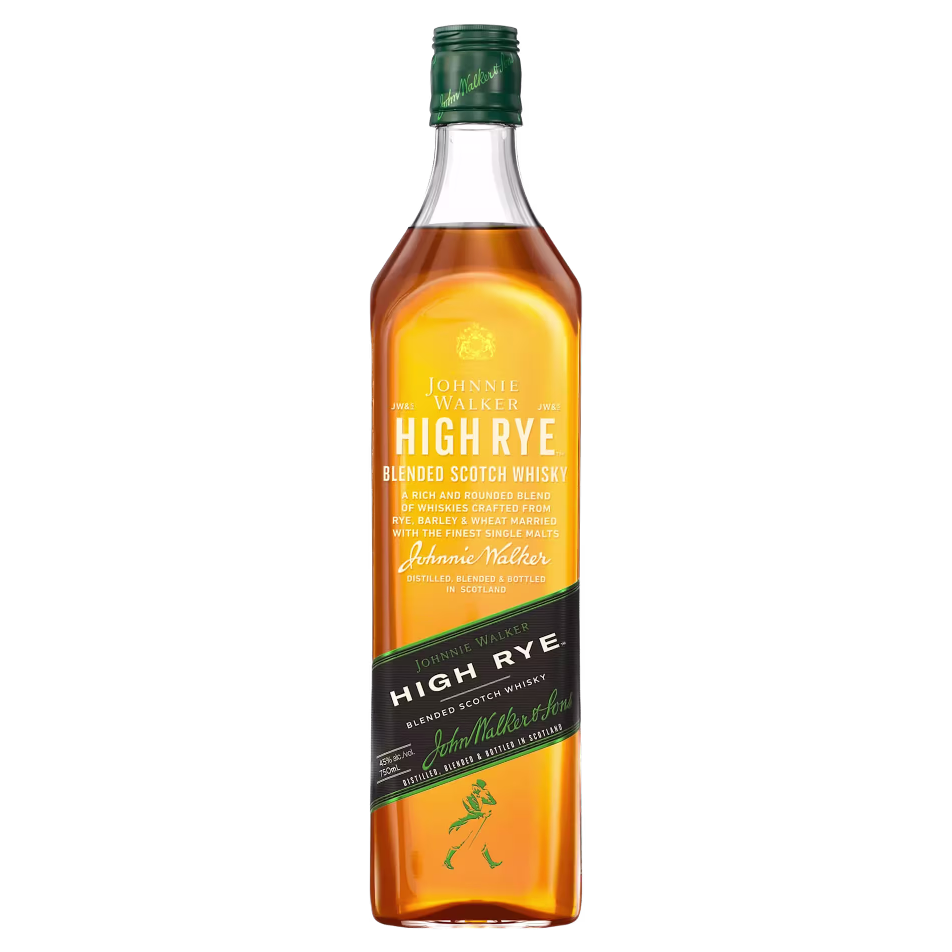 A bottle of Johnnie Walker High Rye Blended Scotch Whisky with a green cap and label, featuring gold and white text on the front.