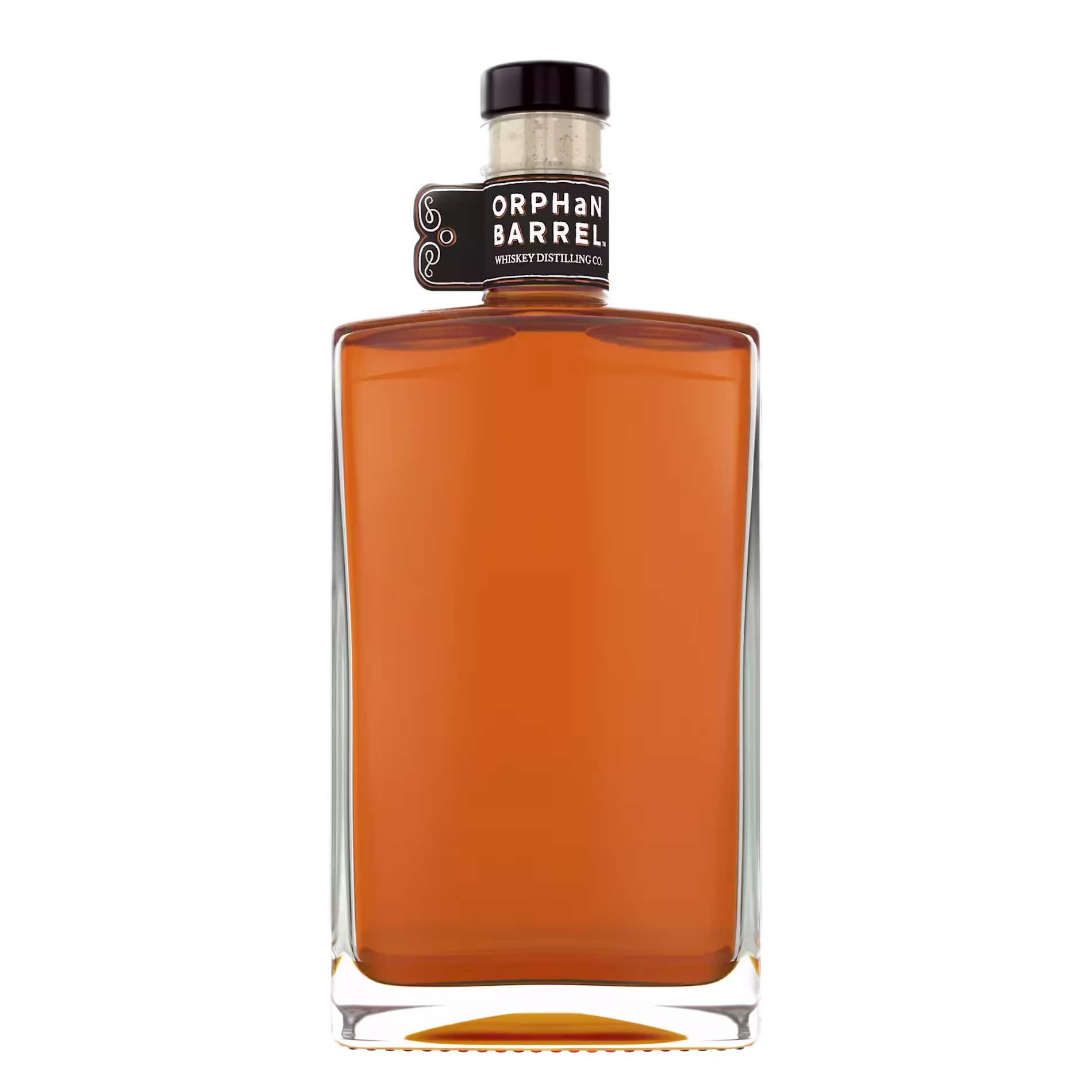 A clear glass bottle filled with amber liquid, labeled Orphan Barrel near the neck, stands against a black background.