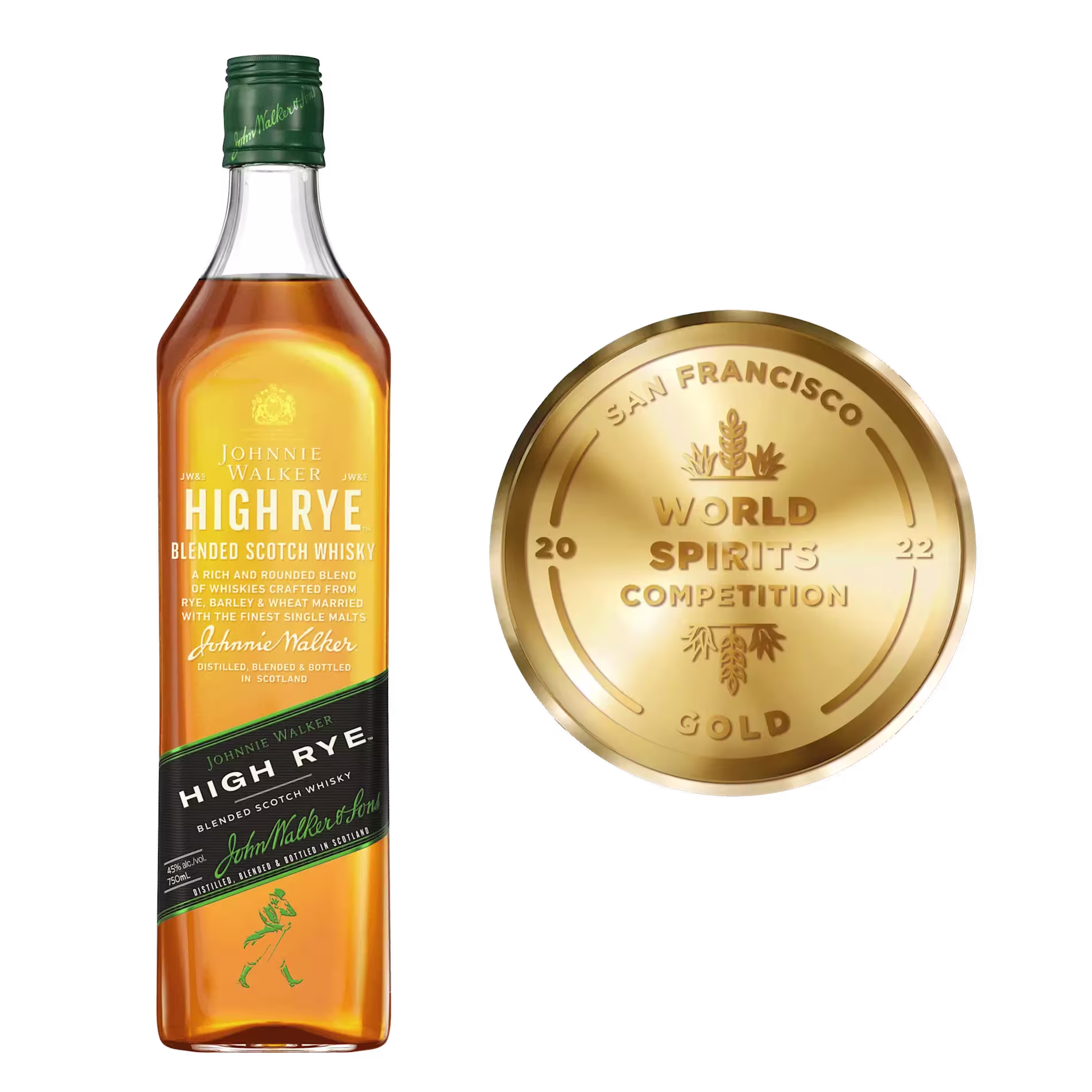 A bottle of Johnnie Walker High Rye Blended Scotch Whisky next to a gold medal from the 2022 San Francisco World Spirits Competition.
