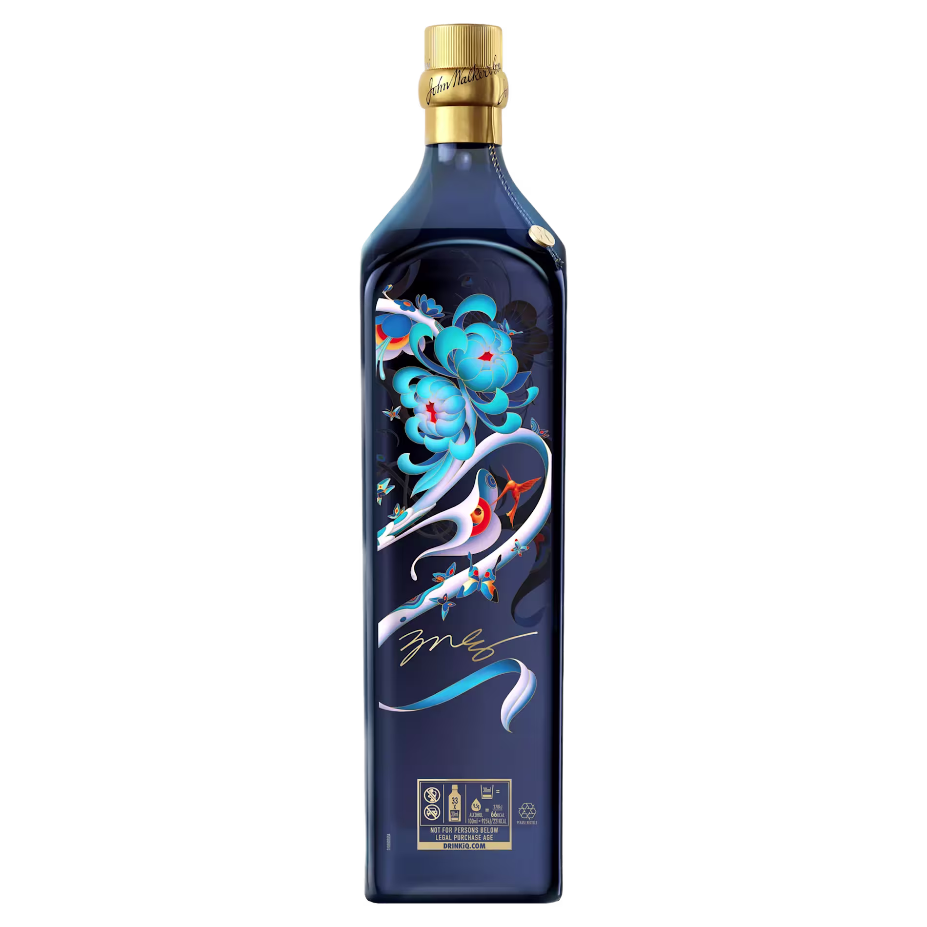 A blue bottle with a gold cap featuring an artistic design of a white dragon, blue flowers, and a gold signature on the label.