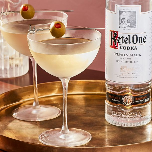 Ketel One Dirty Martini in a glass with an olive