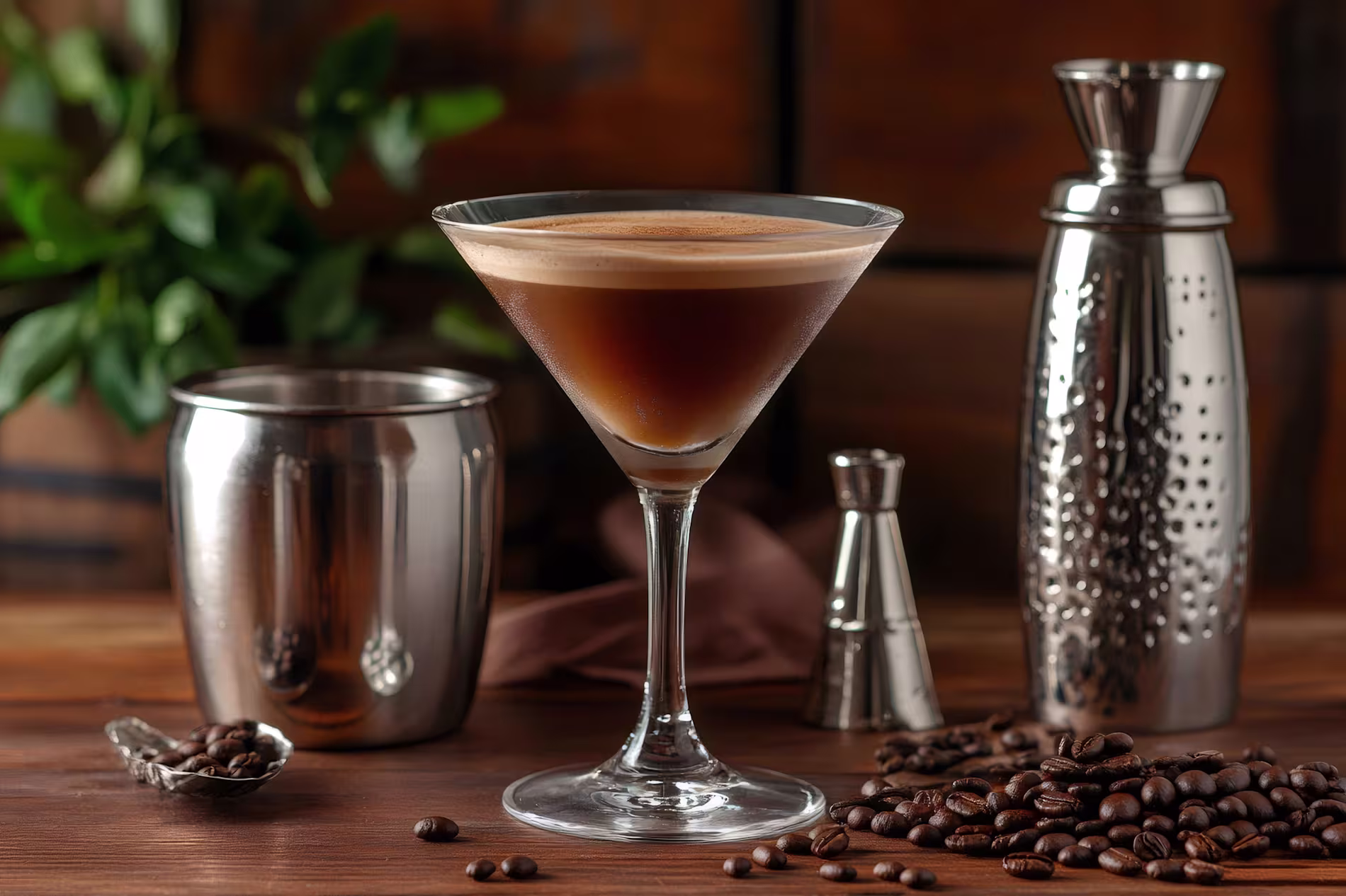 A glass of espresso martini on a wooden surface, surrounded by a cocktail shaker, jigger, metal cup, a spoon, and scattered coffee beans.