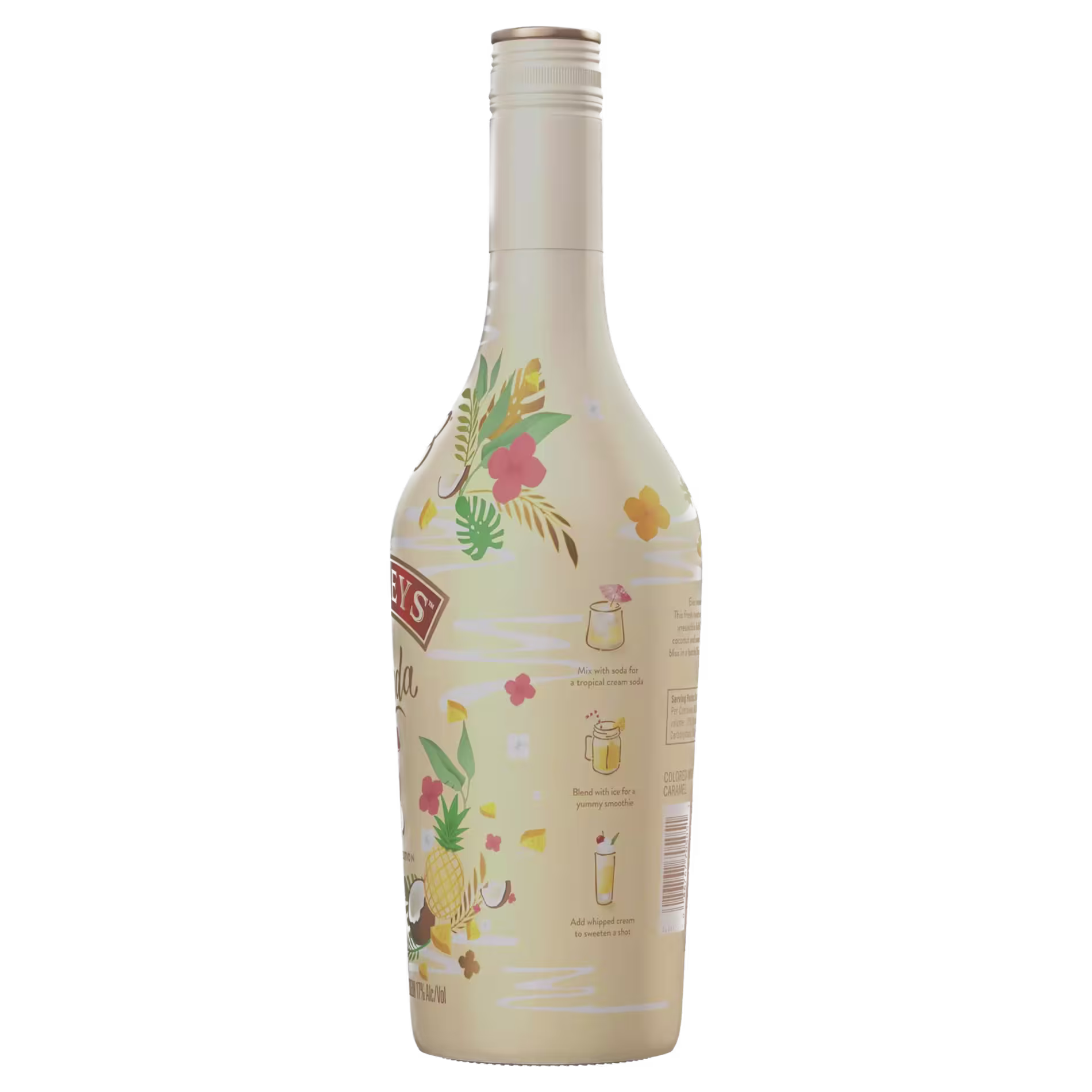 A beige bottle with tropical floral designs and cocktail recipe illustrations on the side.