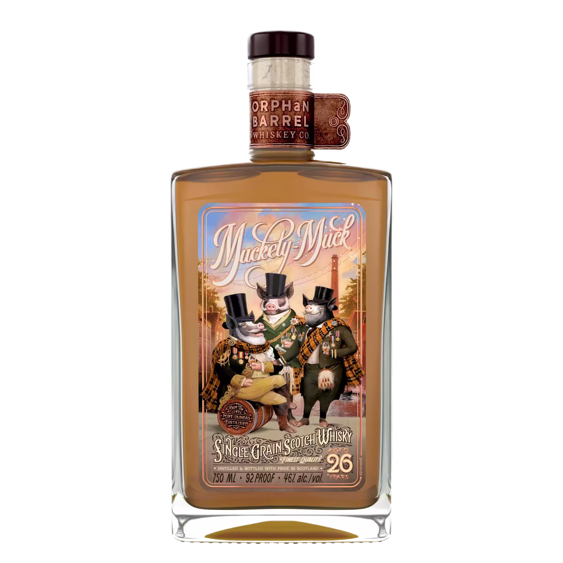 A bottle of Orphan Barrel Muckety-Muck 26-Year-Old Single Grain Scotch Whisky with a label featuring three dressed-up pigs in top hats and kilts.