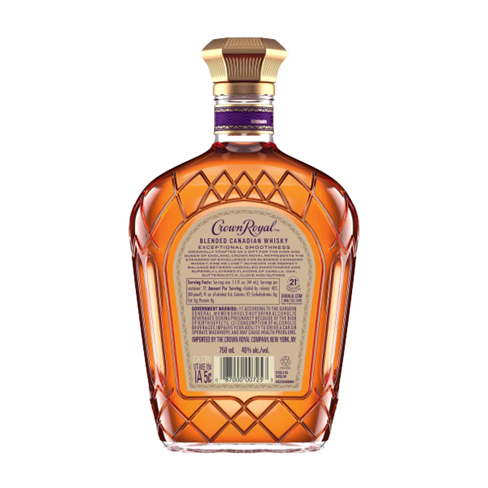A bottle of Crown Royal Blended Canadian Whisky, 21 years old, shown from the back with product label and gold cap visible.