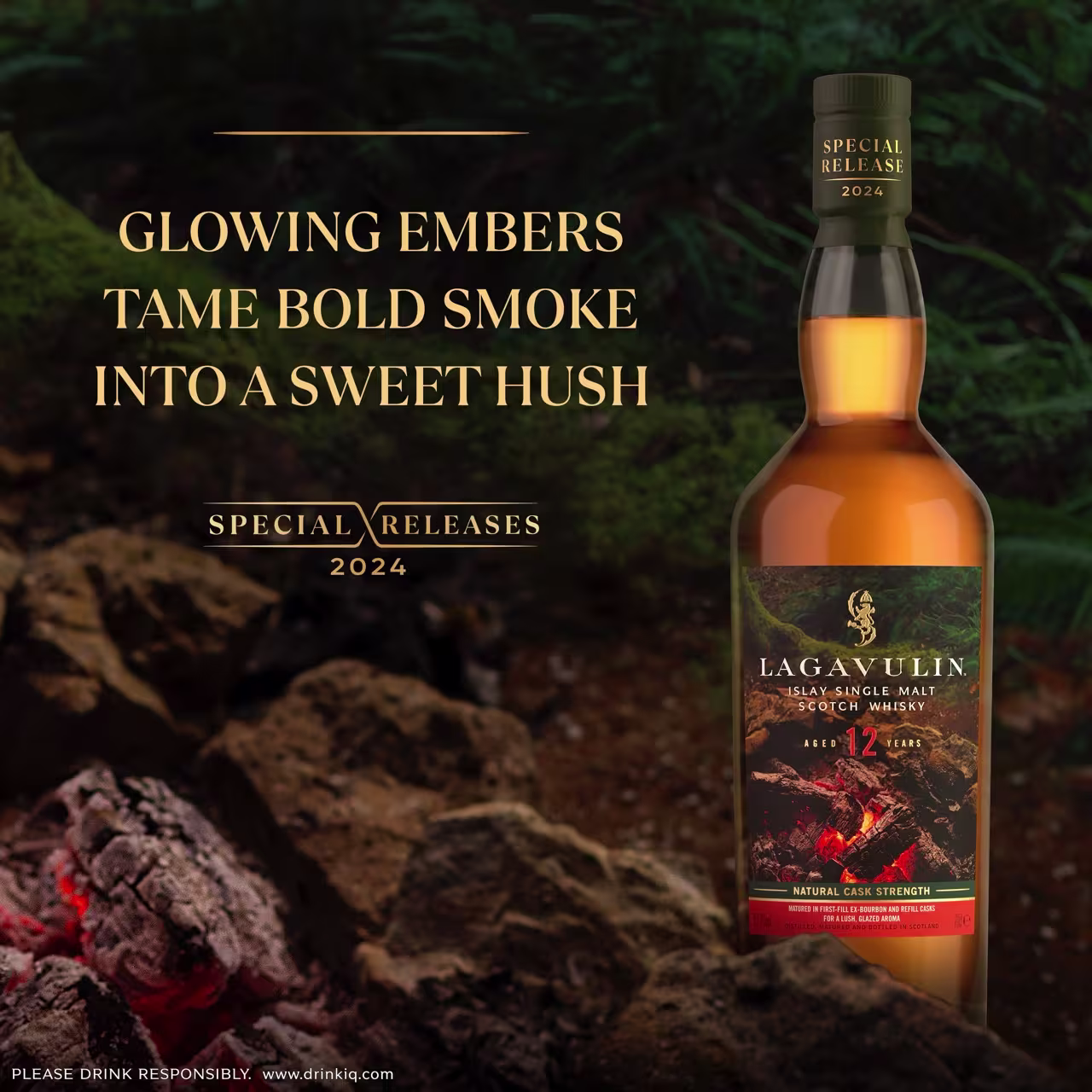 A bottle of Lagavulin 12 Year Old Scotch Whisky is displayed beside embers, with text describing its smoky and sweet flavor profile and Special Releases 2024 label.