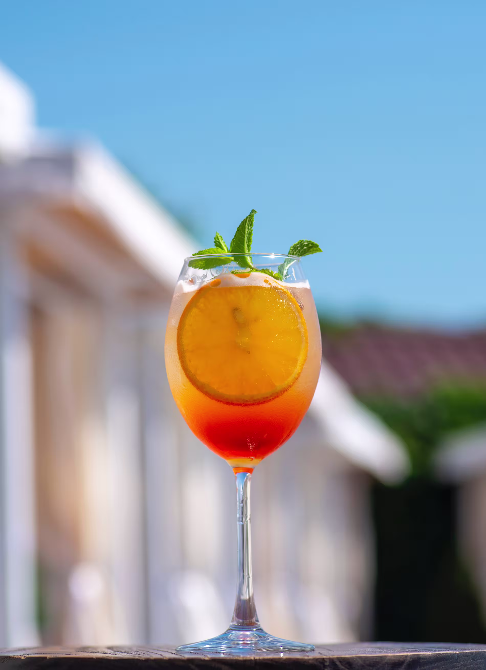 A glass of orange and red cocktail garnished with a slice of orange and mint leaves, set outdoors with blurred buildings and a blue sky in the background.