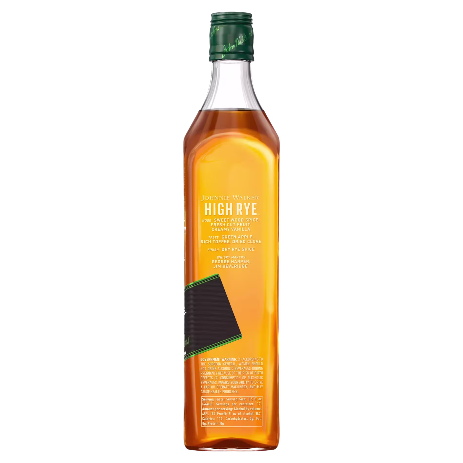 A bottle of Johnnie Walker High Rye Blended Scotch Whisky with a green cap and a mostly clear, rectangular label showing product information.