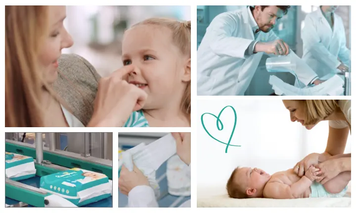 Pampers Windeln für höchste Qualität und Sicherheit: Mann wickelt sein Baby mit Pampers Windeln. 