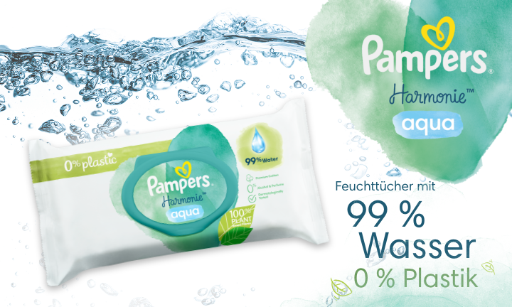 Die Pampers® Harmonie Aqua™ Baby-Feuchttücher ohne Plastik für empfindliche Babyhaut.