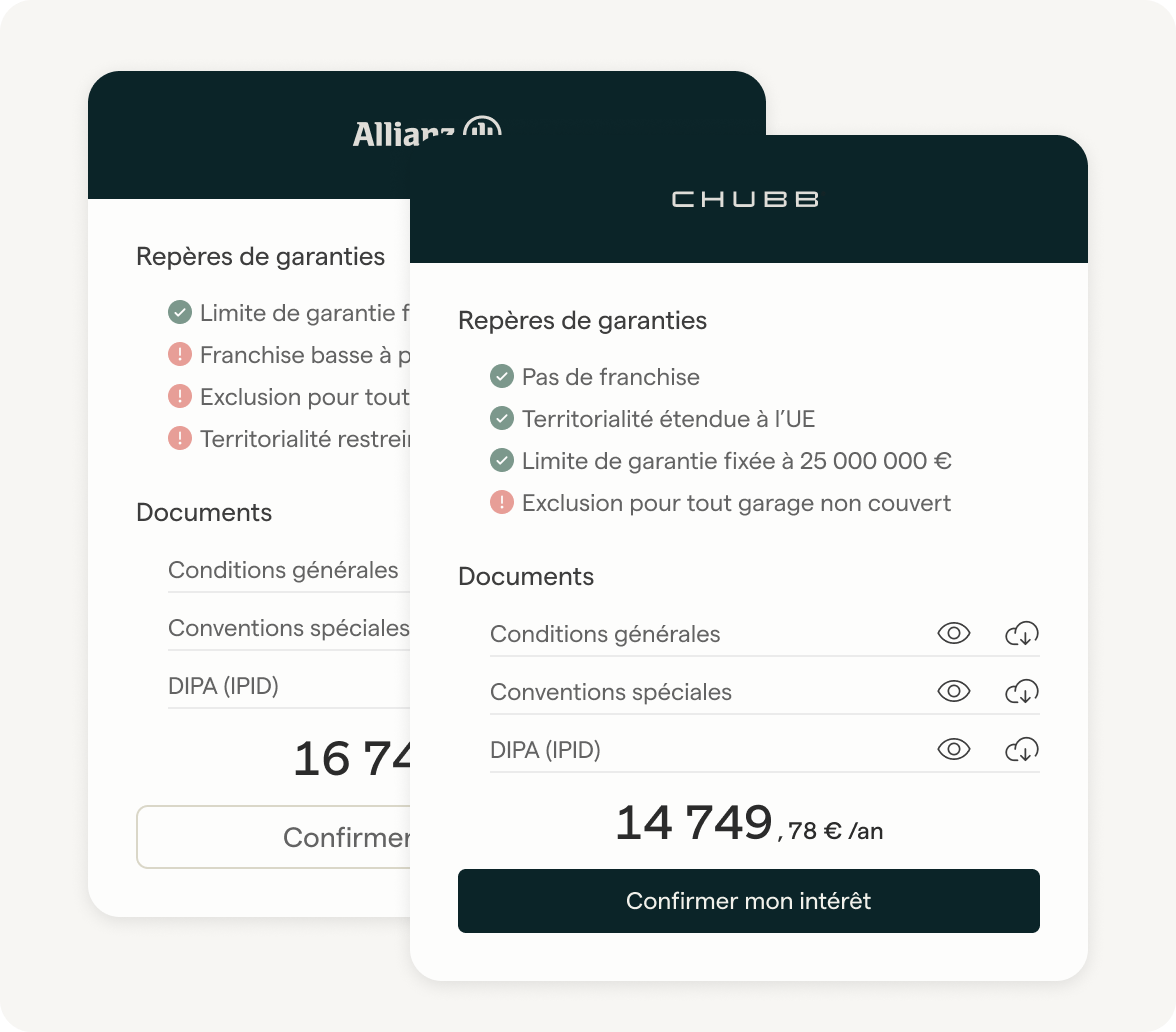 Interface de comparaison de devis d'assurance affichant deux options de deux compagnies d'assurance, avec des points de garantie clés et les cotisations annuelles. 