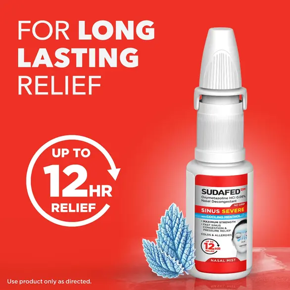 SUDAFED® OM Sinus Severe No Drip with Cooling Menthol Nasal Spray for up to 12 hour long lasting relief SUDAFED® OM Sinus Severe No Drip with Cooling Menthol Nasal Spray for up to 12 hour long lasting relief