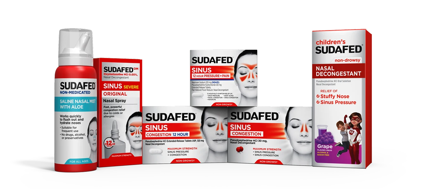 Sudafed family of products including children's nasal decongestant, nasal spray, and sinus congestion relief