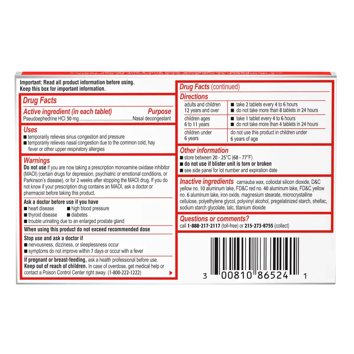 SUDAFED® Sinus Congestion Relief Maximum Strength Decongestant Tablets 24 count drug facts