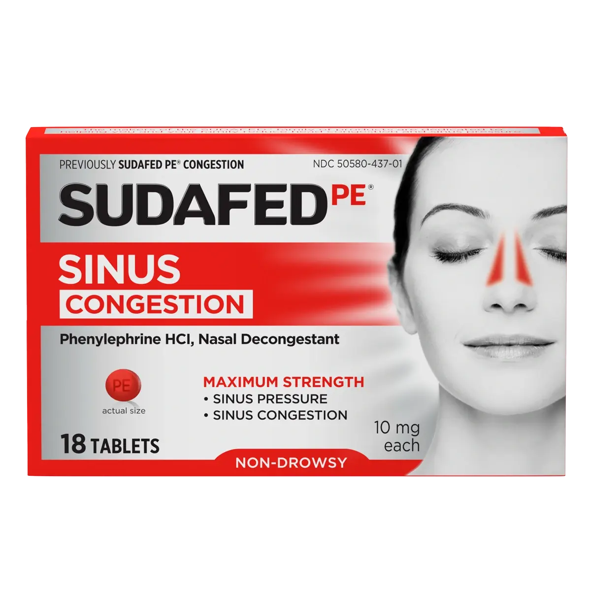 SUDAFED PE® Sinus Congestion Relief Maximum Strength Decongestant Tablets 18 count package front