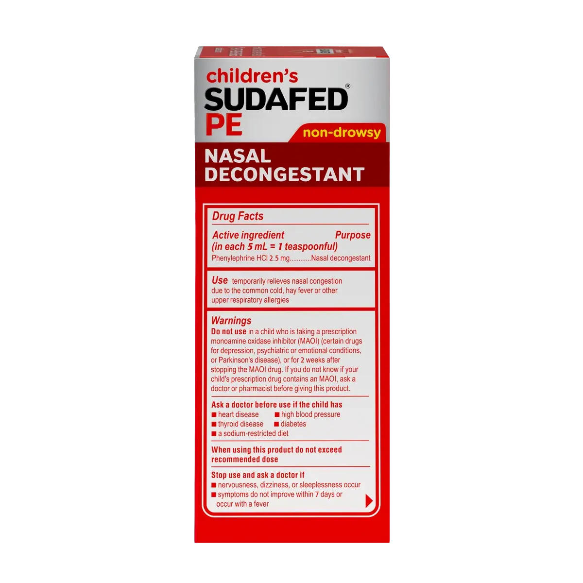 Children’s SUDAFED PE® Nasal Decongestant Liquid Medicine for Kids, Berry Flavor, drug facts