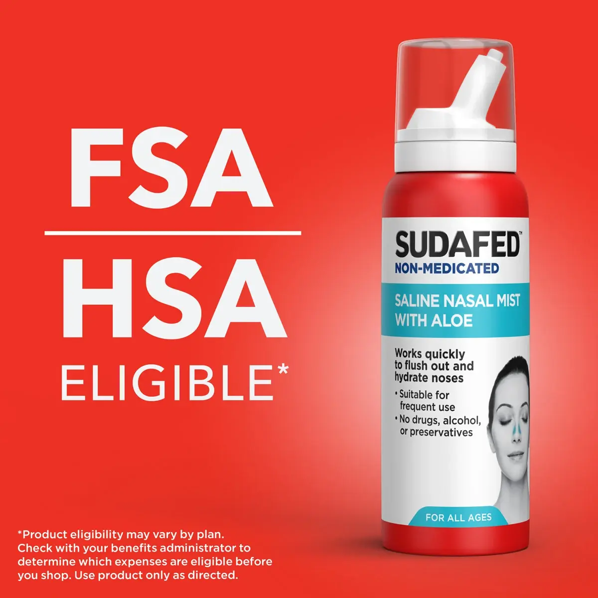 Sudafed® Non-Medicated Saline Nasal Mist is FSA and ESA eligible*