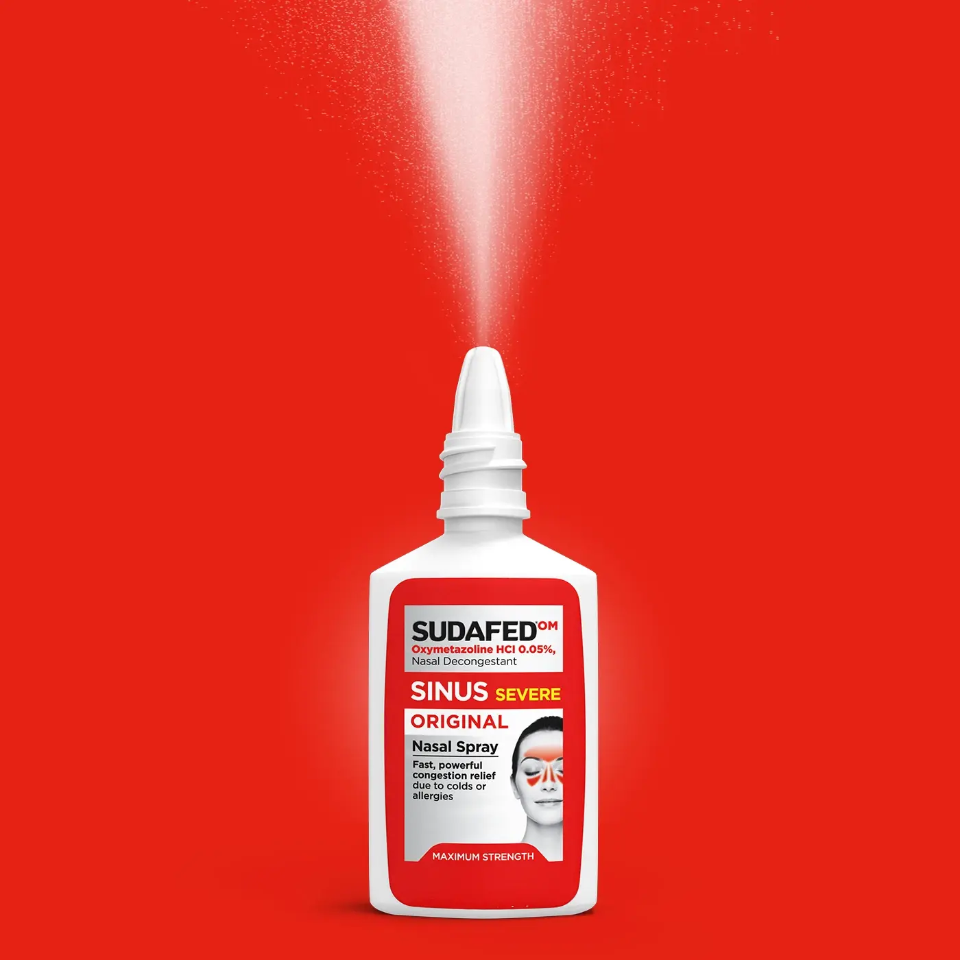 SUDAFED® Sinus Severe Original Nasal Spray Decongestant bottle on a red background