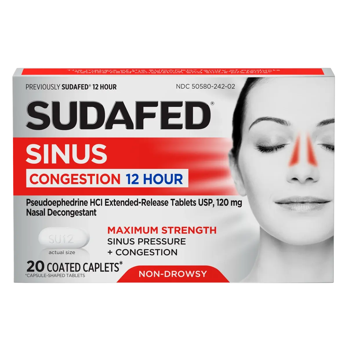 SUDAFED® Sinus Congestion 12 Hour Relief Maximum Strength Decongestant Caplets 20 count package front