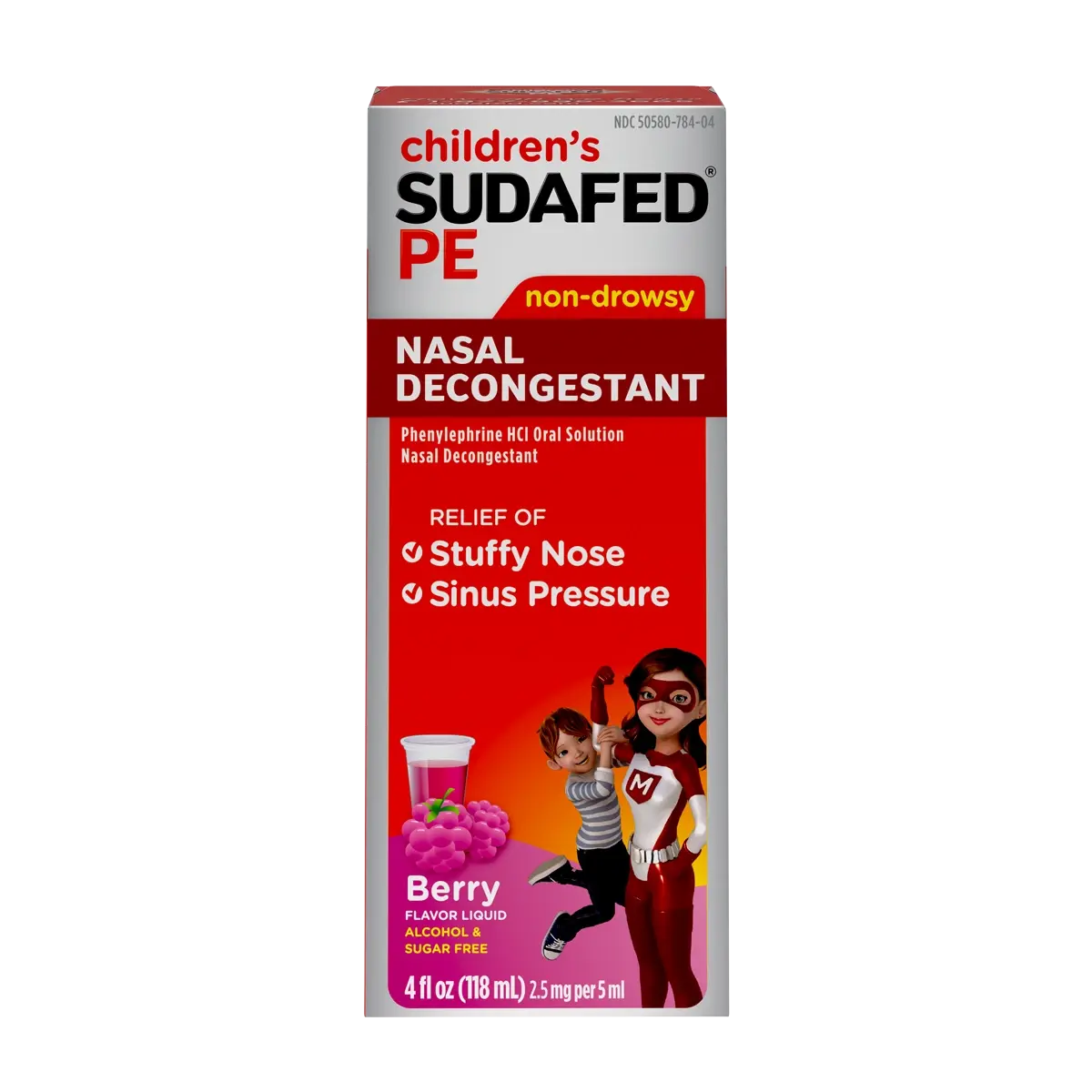 Children’s SUDAFED PE® Nasal Decongestant Liquid Medicine for Kids, Berry Flavor, package front