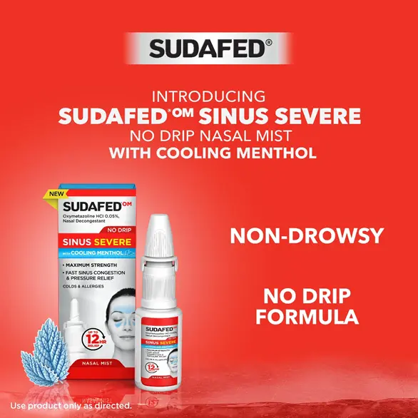 Introducing SUDAFED® OM Sinus Severe No Drip with Cooling Menthol Nasal Mist, non-drowsy, no drip formula Introducing SUDAFED® OM Sinus Severe No Drip with Cooling Menthol Nasal Mist, non-drowsy, no drip formula