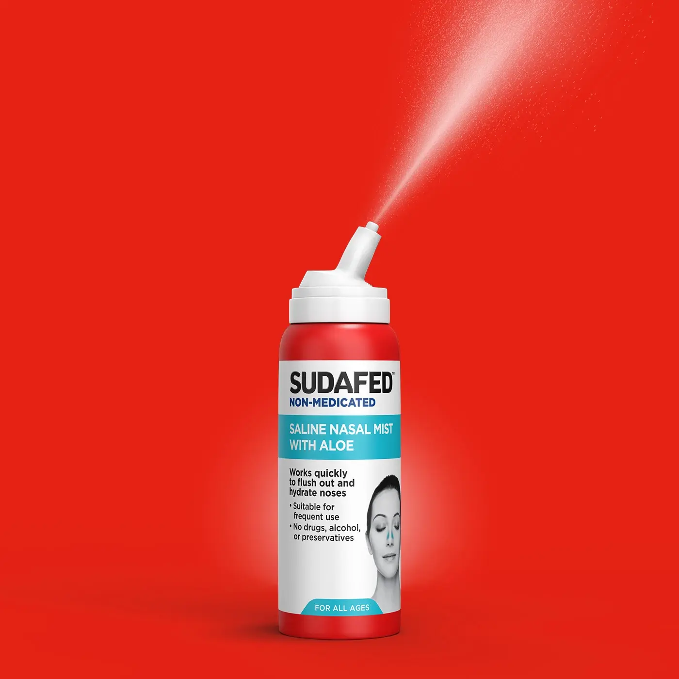 SUDAFED® Non-Medicated Saline Nasal Mist with Aloe bottle on a red background