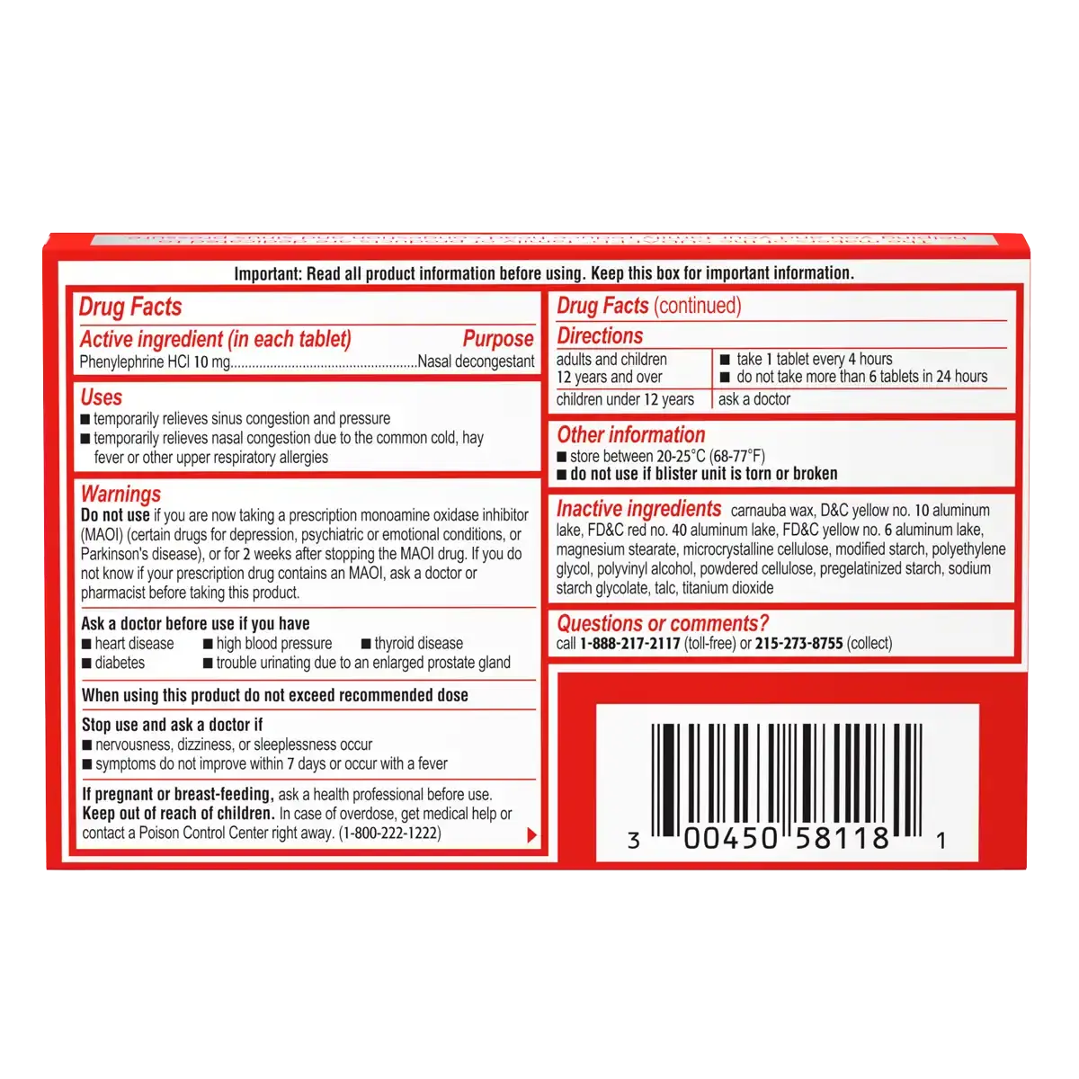 SUDAFED PE® Sinus Congestion Relief Maximum Strength Decongestant Tablets 18 count drug facts