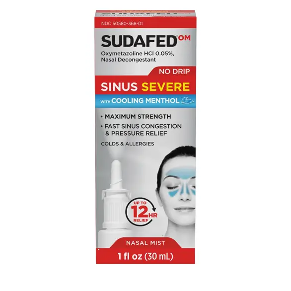 SUDAFED® OM Sinus Severe No Drip with Cooling Menthol Nasal Spray Front of the Pack SUDAFED® OM Sinus Severe No Drip with Cooling Menthol Nasal Spray Front of the Pack