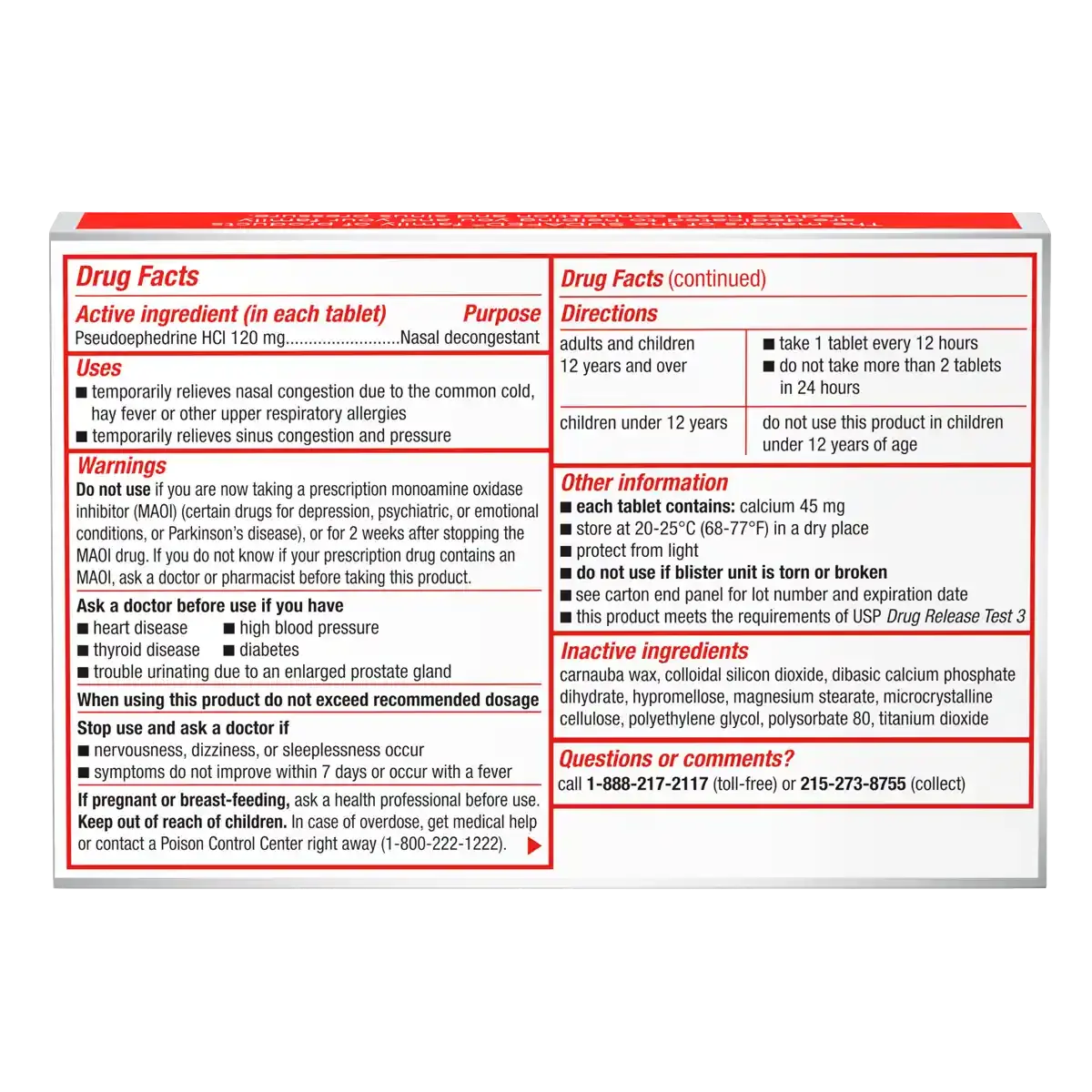 SUDAFED® Sinus Congestion 12 Hour Relief Maximum Strength Decongestant Caplets 10 count drug facts