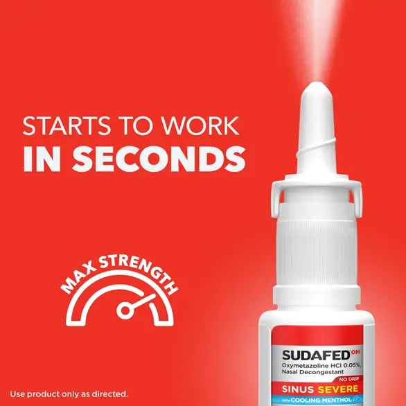 SUDAFED® OM Sinus Severe No Drip with Cooling Menthol Nasal Spray, max strength, starts to work in seconds SUDAFED® OM Sinus Severe No Drip with Cooling Menthol Nasal Spray, max strength, starts to work in seconds