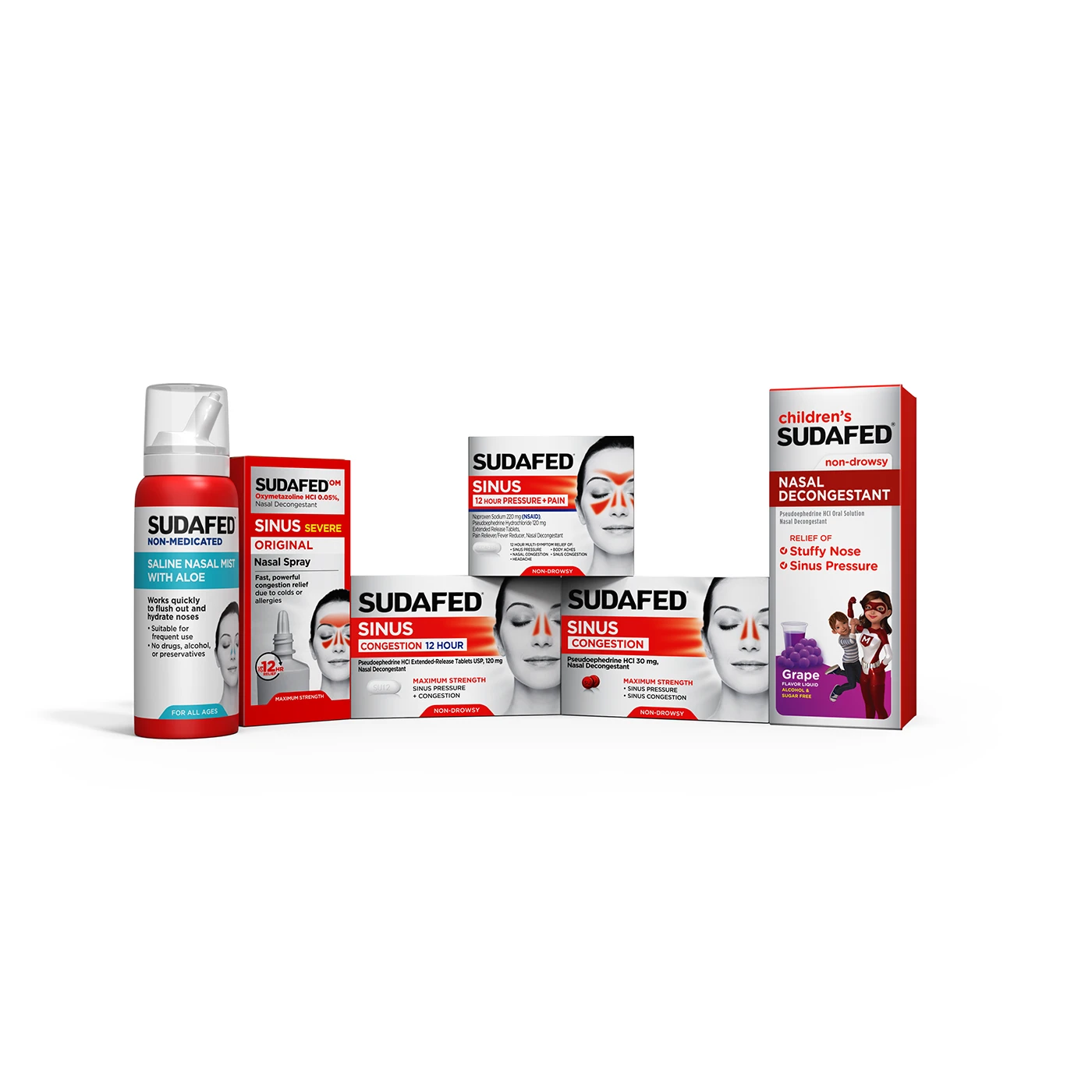 Sudafed family of products including children's nasal decongestant, nasal spray, and sinus congestion relief