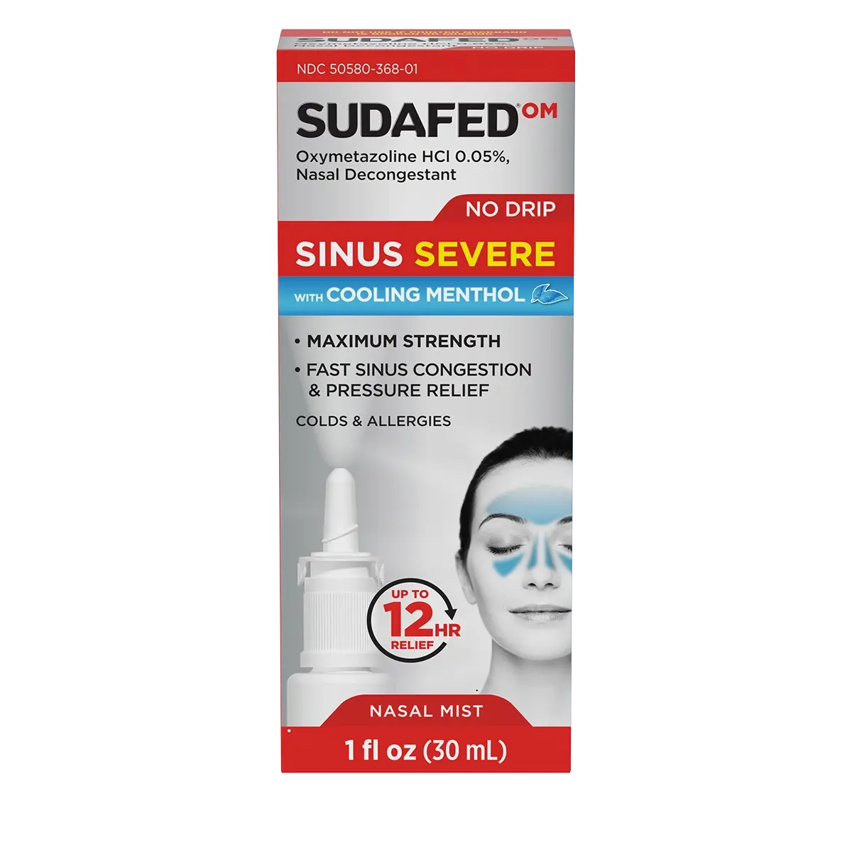SUDAFED® OM Sinus Severe No Drip with Cooling Menthol Nasal Spray Front of the Pack SUDAFED® OM Sinus Severe No Drip with Cooling Menthol Nasal Spray Front of the Pack