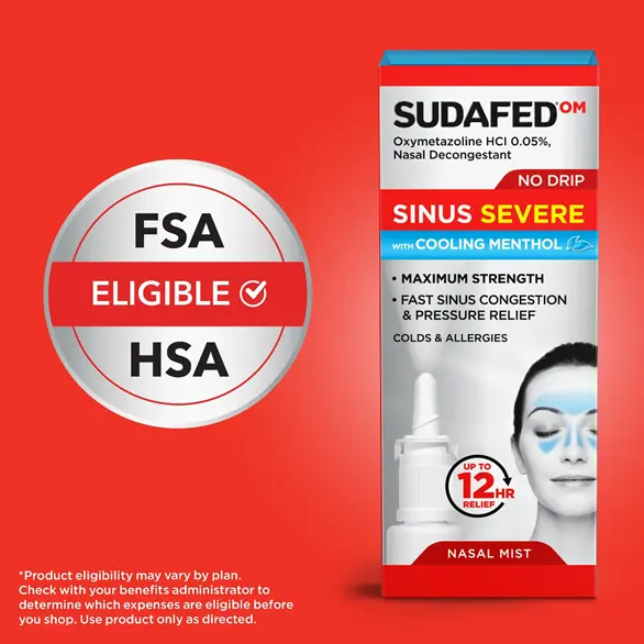 SUDAFED® OM Sinus Severe No Drip with Cooling Menthol Nasal Spray Decongestant is FSA and ESA eligible* SUDAFED® OM Sinus Severe No Drip with Cooling Menthol Nasal Spray Decongestant is FSA and ESA eligible*
