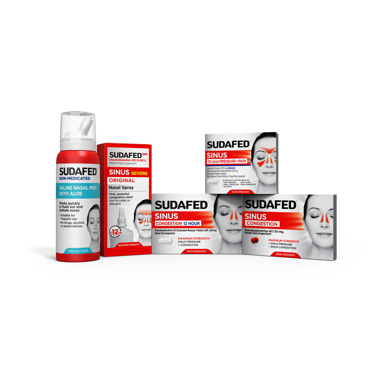 Sudafed family of products including children's nasal decongestant, nasal spray, and sinus congestion relief