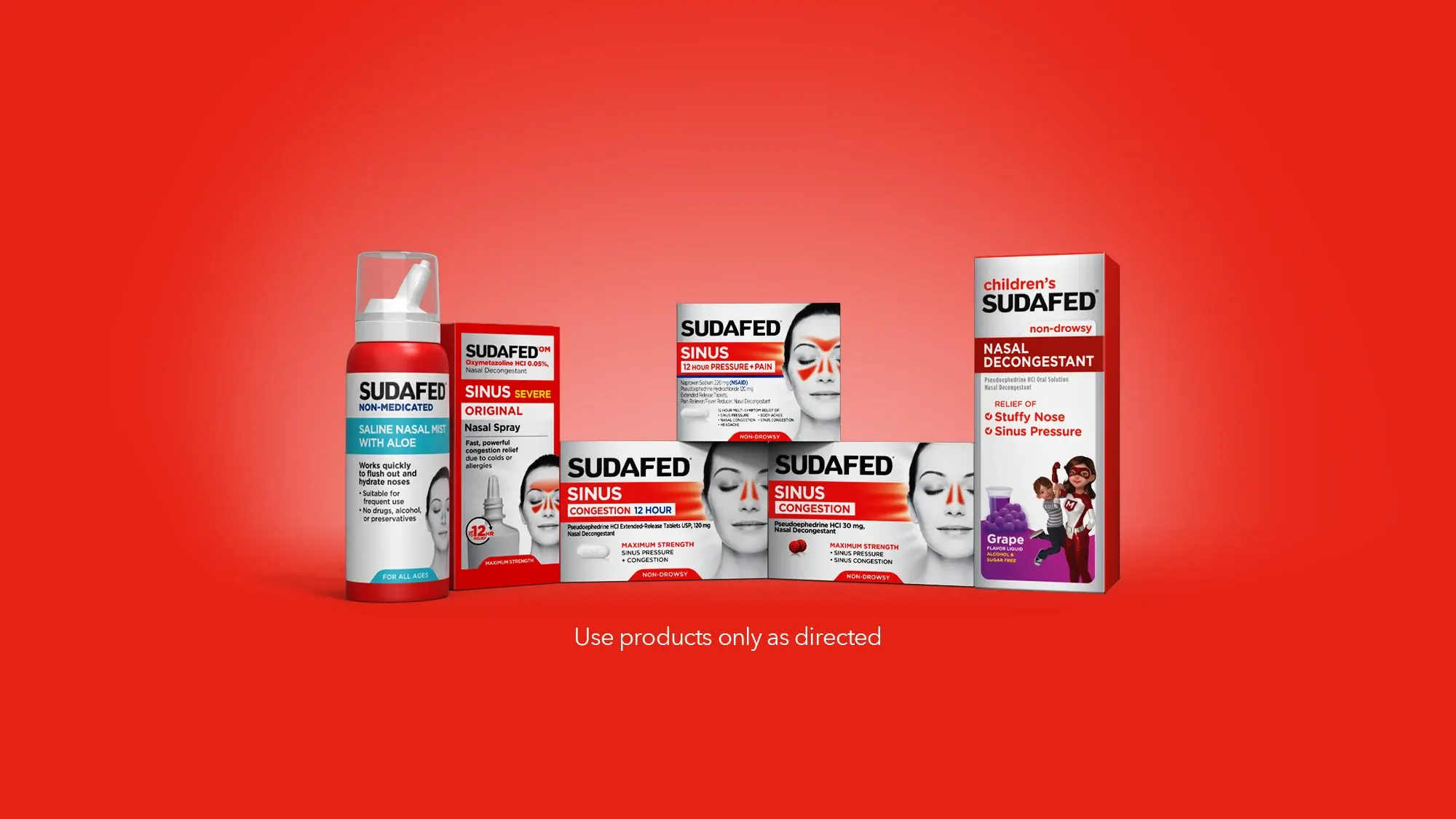 Sudafed family of products including children's nasal decongestant, nasal spray, and sinus congestion relief