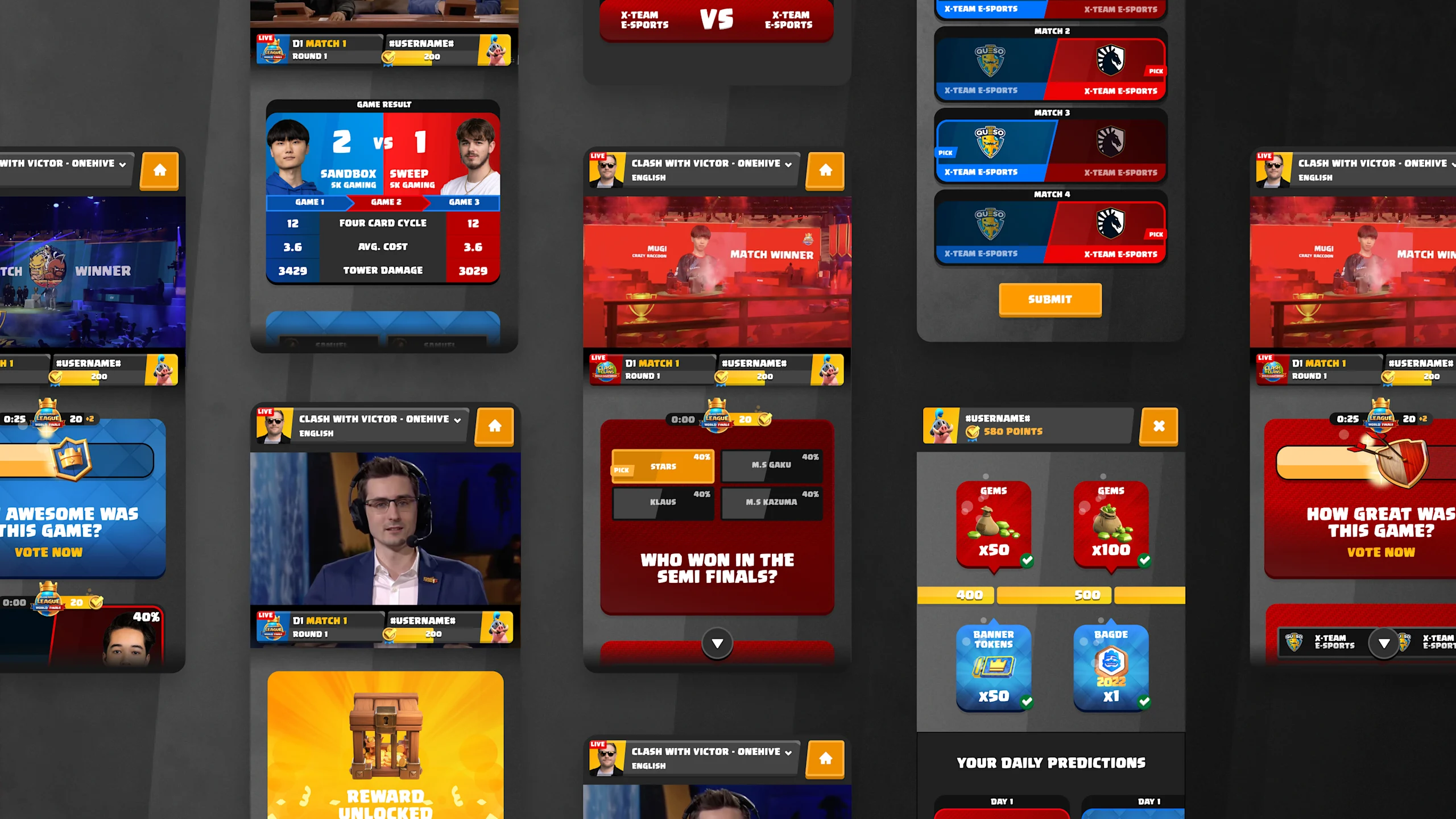 Mockups showing examples of the Supercell event platform mobile UI