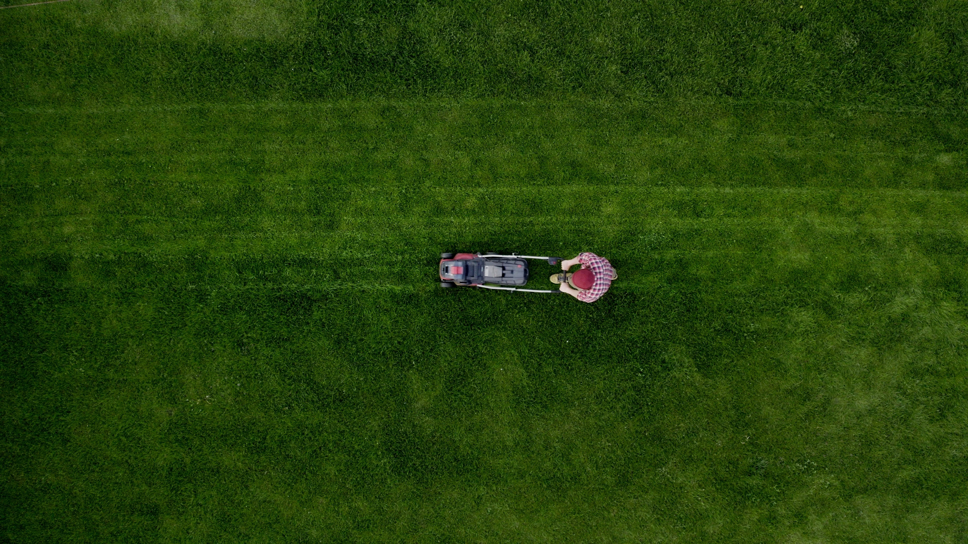 person mowing a lawn with maroon beanie and flannel shirt