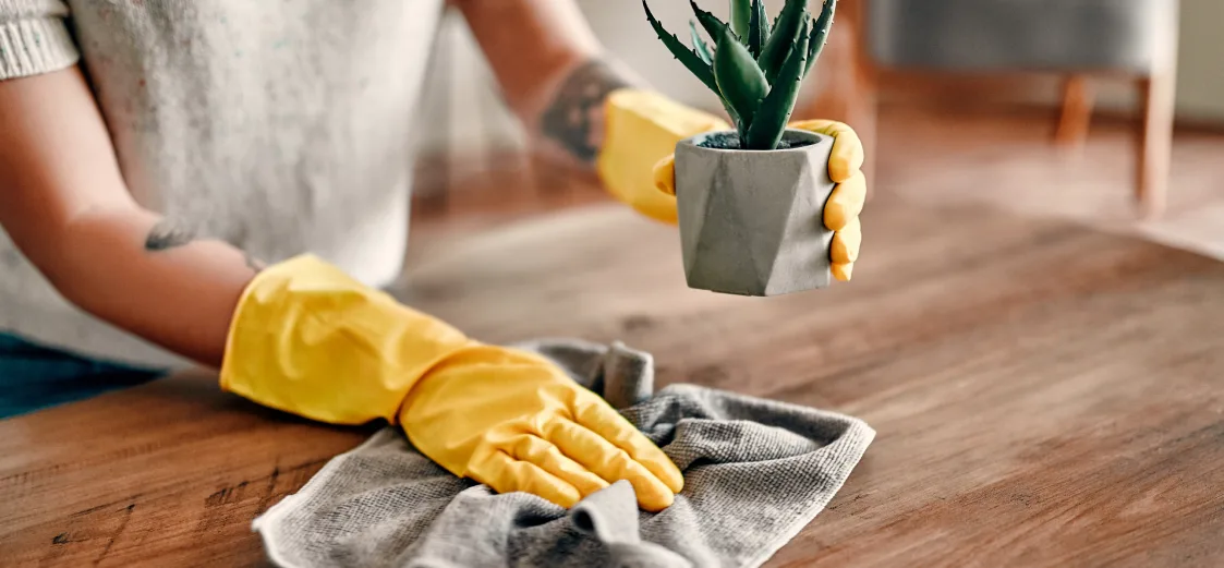 A picture of someone cleaning a countertop with a cloth