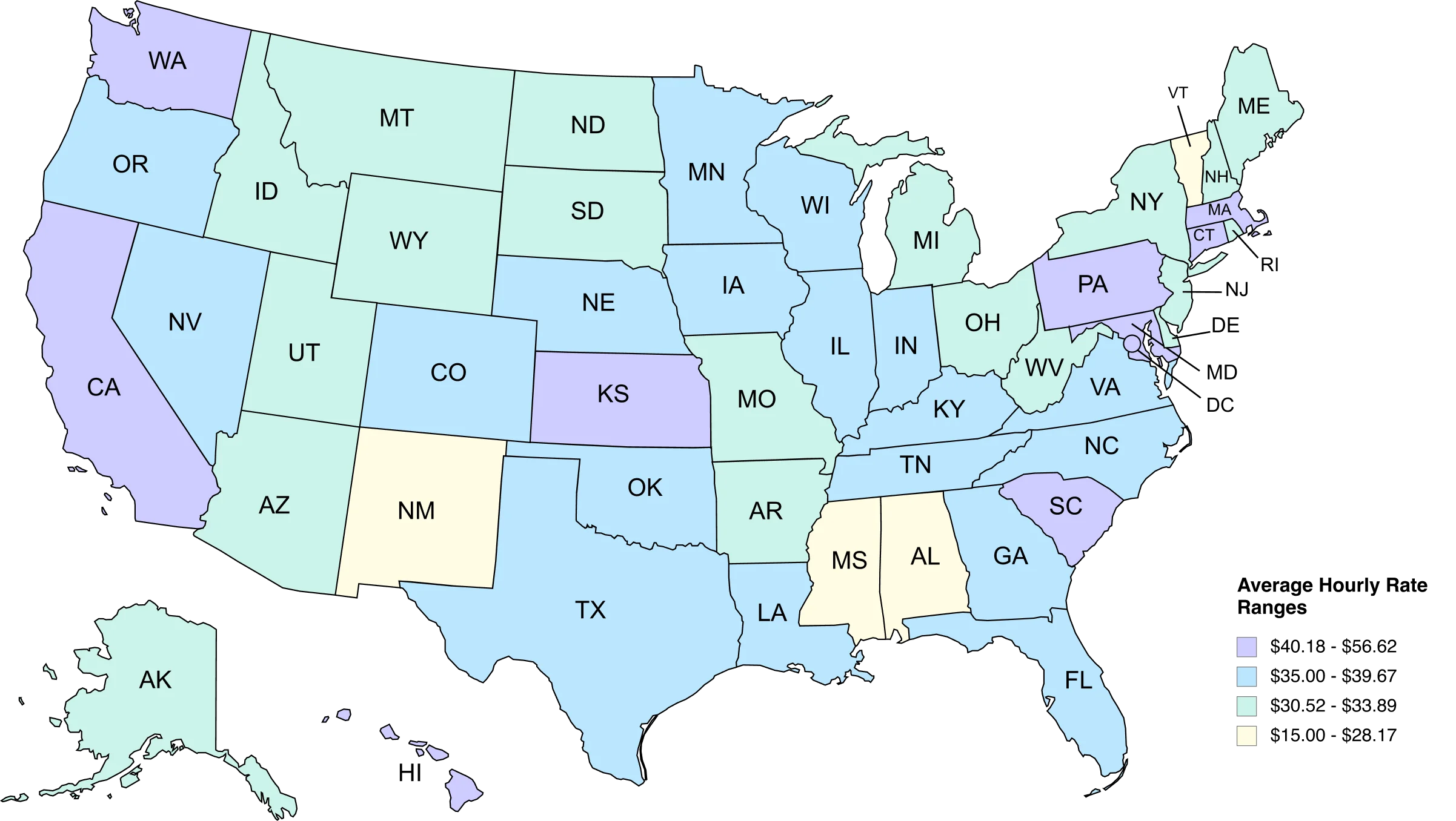 A map of the US showing the average cost by state for house cleaning.