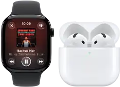 Apple Watch Series 11, titanium slate case, band: black sport band, Apple Music app open, paired with AirPods 4