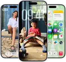 iPhone 17, face avant, Dynamic Island dans la partie centrale supérieure, trois couleurs : bleu aube, lavande sauge