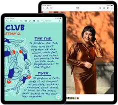 Two iPad Air, sizes: 11-inch and 13-inch, 11-inch shows colourful text on the Notes app, 13-inch screen shows a photo of a person on the Photos app