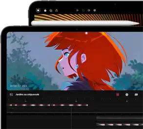 iPad Pro 11 pouces auquel est fixé un Apple Pencil Pro, et iPad Pro 13 pouces derrière. Les écrans Ultra Retina XDR des deux modèles affichent des images vives, éclatantes et colorées.