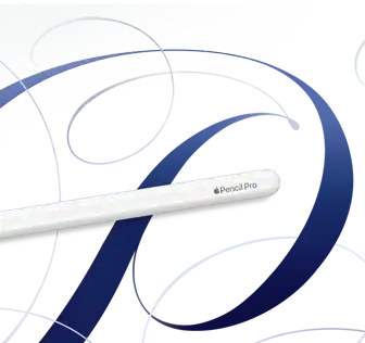 Apple Pencil Pro, white, shown on a white background with blue swirls