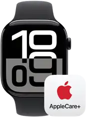 Apple Watch Series 10 next to an AppleCare+ logo, representing AppleCare+ coverage