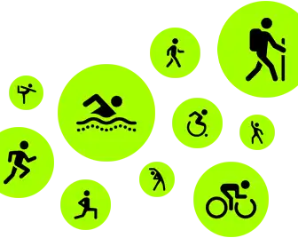 Icônes représentant des exercices, des personnages allumette animés courent, marchent, nagent, utilisent un fauteuil roulant, font de la randonnée, du vélo, des fentes et du yoga, dansent et s’étirent