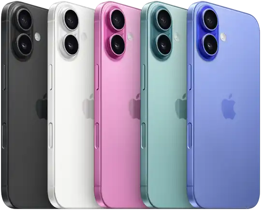 iPhone 16, back exterior, raised Advanced dual-camera system, Apple logo in centre, all five finishes, Black, White, Pink, Teal, Ultramarine