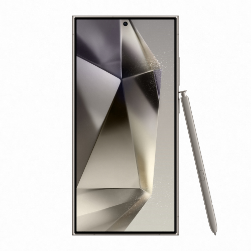 Titanium Grey Samsung S24 Ultra with Stylus pen, front view.
